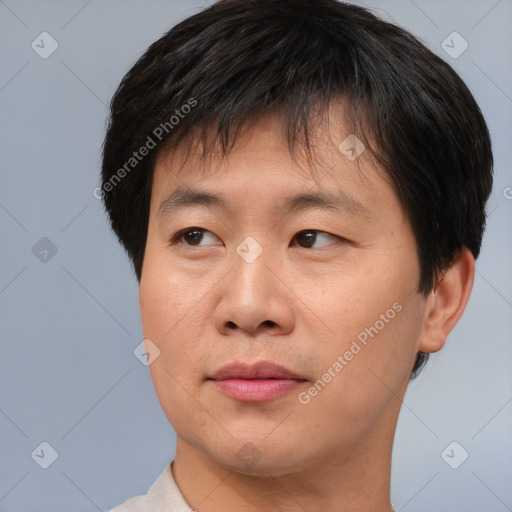 Joyful asian young-adult male with short  brown hair and brown eyes