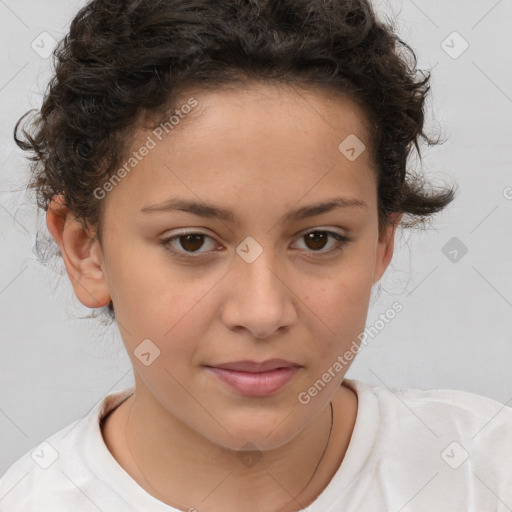 Joyful white child female with short  brown hair and brown eyes