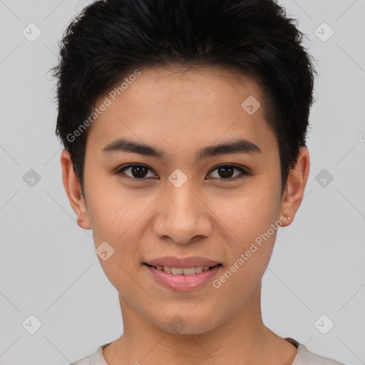 Joyful asian young-adult female with short  brown hair and brown eyes