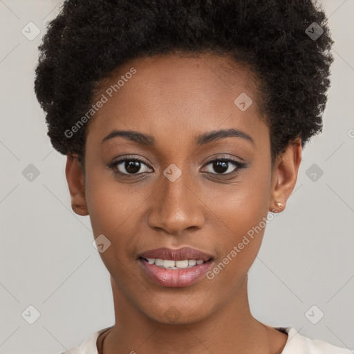 Joyful black young-adult female with short  brown hair and brown eyes