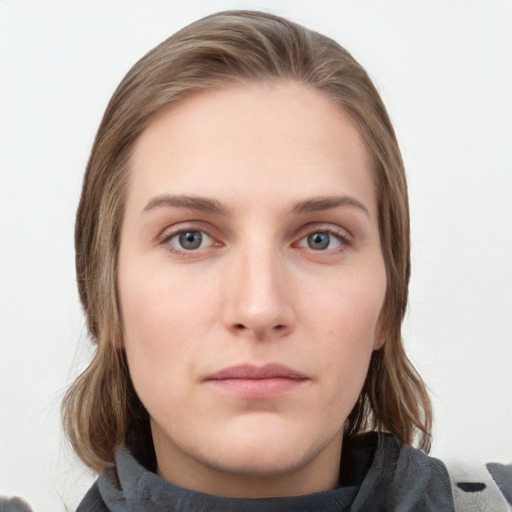 Neutral white young-adult female with medium  brown hair and blue eyes