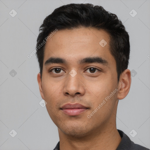 Neutral asian young-adult male with short  black hair and brown eyes