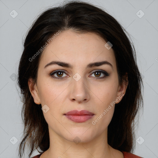 Neutral white young-adult female with medium  brown hair and brown eyes