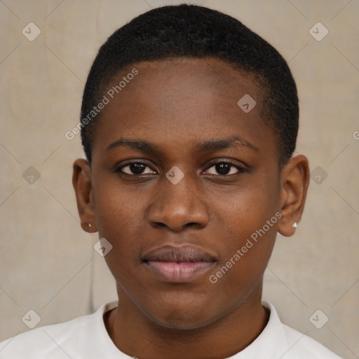 Neutral black young-adult female with short  black hair and brown eyes
