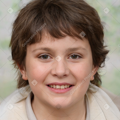 Joyful white child female with medium  brown hair and brown eyes