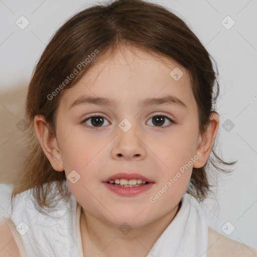 Joyful white child female with medium  brown hair and brown eyes