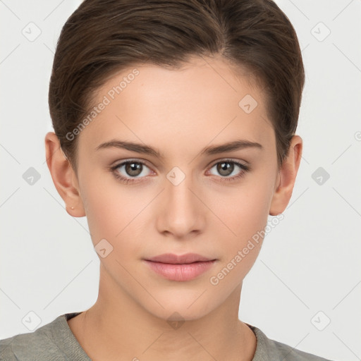 Neutral white young-adult female with short  brown hair and brown eyes