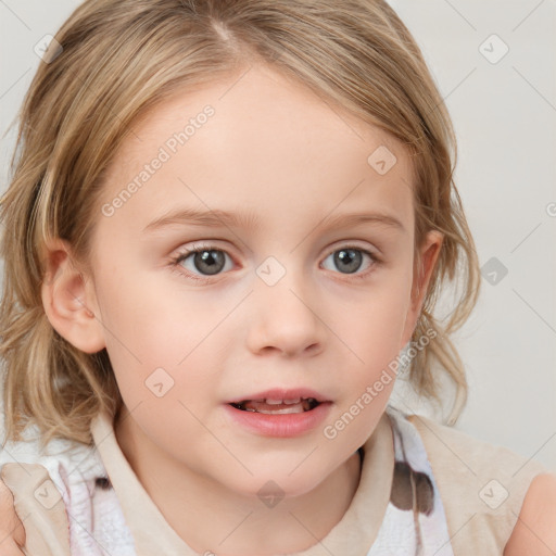 Neutral white child female with medium  brown hair and blue eyes