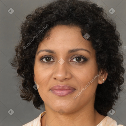 Joyful black young-adult female with medium  brown hair and brown eyes