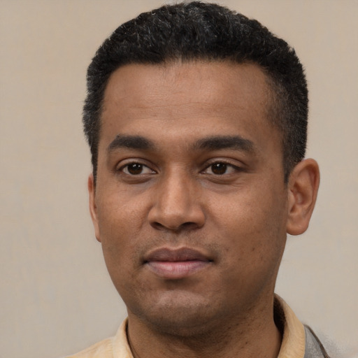 Neutral latino young-adult male with short  black hair and brown eyes