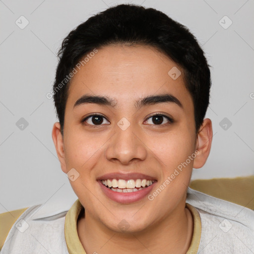 Joyful latino young-adult female with short  brown hair and brown eyes