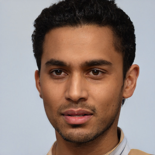 Neutral latino young-adult male with short  black hair and brown eyes