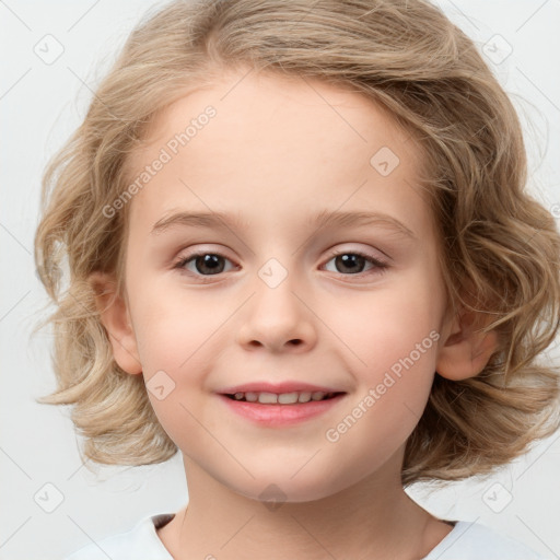 Joyful white child female with medium  brown hair and brown eyes