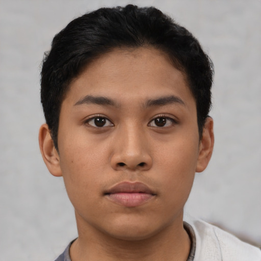 Neutral latino young-adult female with short  black hair and brown eyes