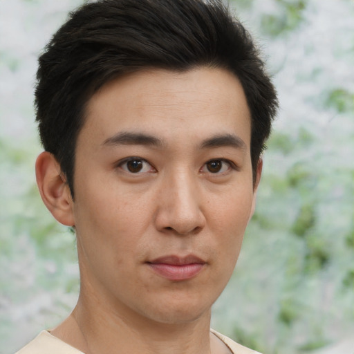 Neutral asian young-adult male with short  brown hair and brown eyes