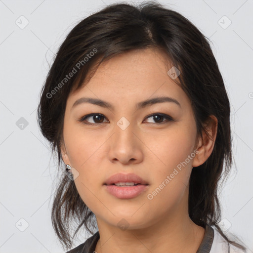 Neutral asian young-adult female with medium  brown hair and brown eyes