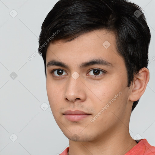 Neutral white young-adult male with short  black hair and brown eyes