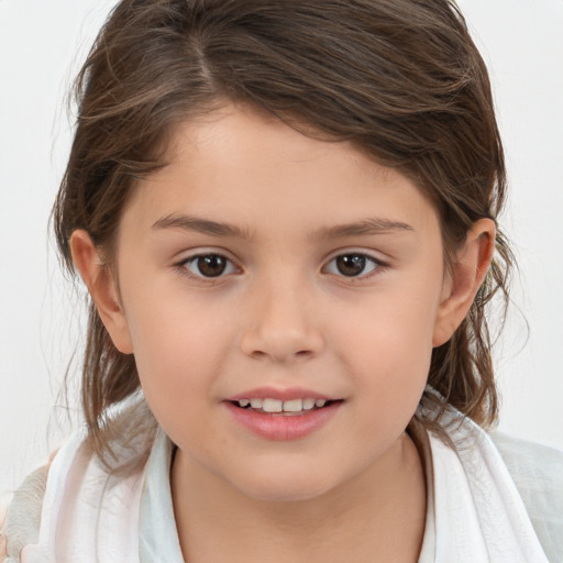 Joyful white child female with medium  brown hair and brown eyes