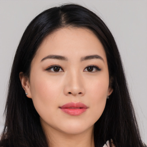 Neutral asian young-adult female with long  black hair and brown eyes
