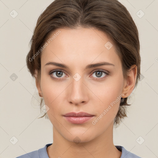 Neutral white young-adult female with medium  brown hair and brown eyes