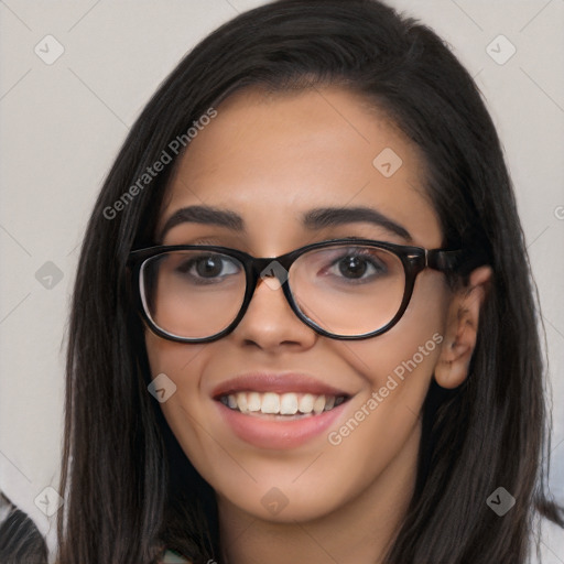 Joyful latino young-adult female with long  brown hair and brown eyes