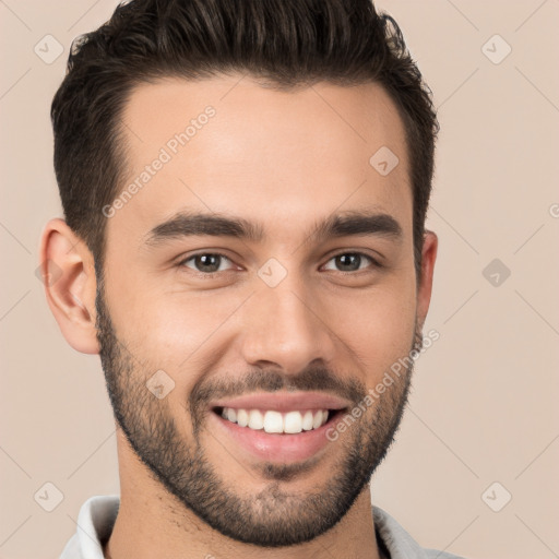 Joyful white young-adult male with short  brown hair and brown eyes