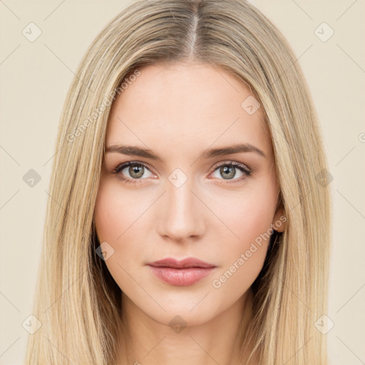 Neutral white young-adult female with long  brown hair and brown eyes