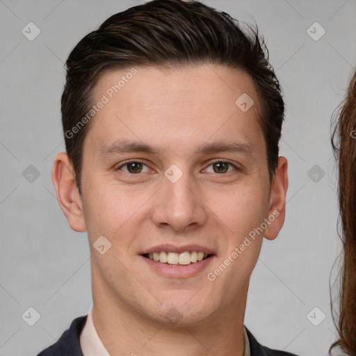 Joyful white young-adult male with short  brown hair and brown eyes