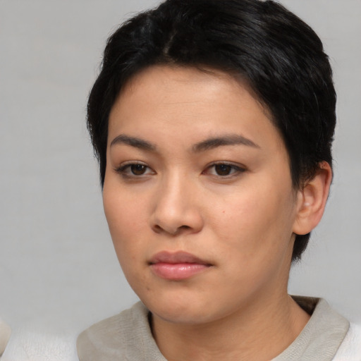 Neutral asian young-adult female with short  black hair and brown eyes