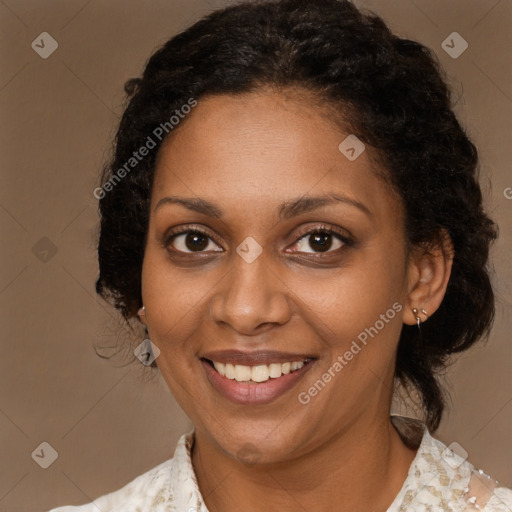 Joyful black young-adult female with medium  brown hair and brown eyes