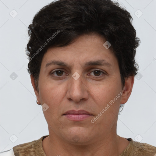 Joyful white adult female with short  brown hair and brown eyes