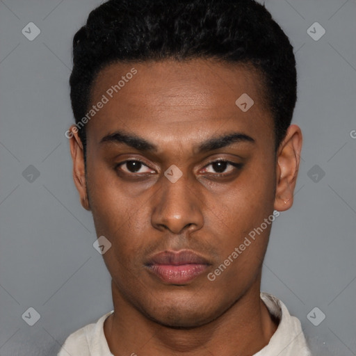 Neutral latino young-adult male with short  black hair and brown eyes