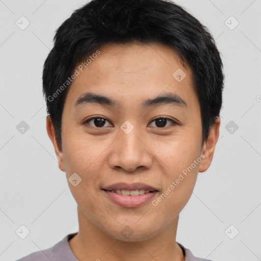 Joyful asian young-adult male with short  black hair and brown eyes