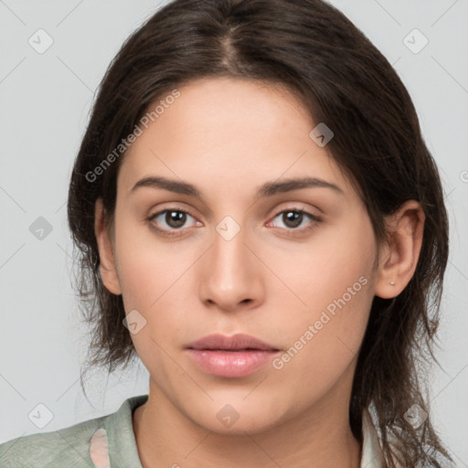 Neutral white young-adult female with medium  brown hair and brown eyes