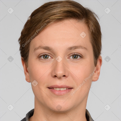 Joyful white young-adult female with short  brown hair and grey eyes