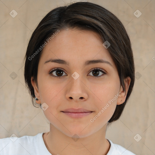 Neutral white young-adult female with medium  brown hair and brown eyes