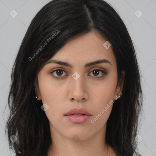 Neutral asian young-adult female with long  black hair and brown eyes