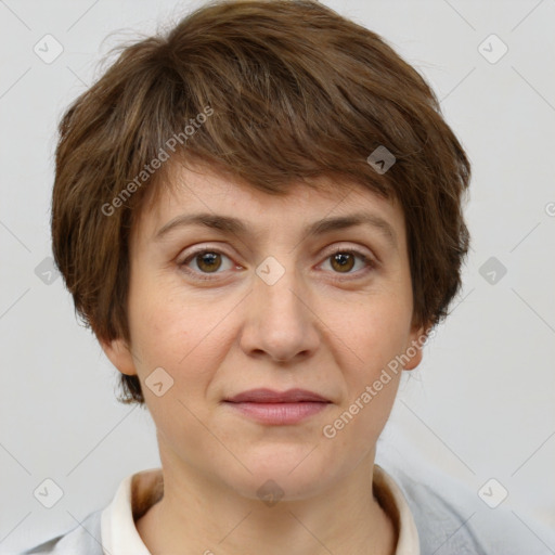 Joyful white adult female with short  brown hair and brown eyes