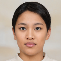 Neutral asian young-adult female with short  black hair and brown eyes