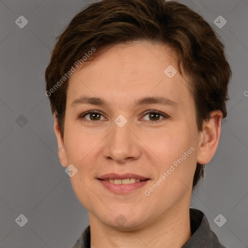 Joyful white young-adult female with short  brown hair and grey eyes