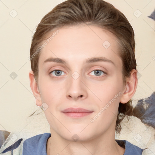 Joyful white young-adult female with medium  brown hair and blue eyes