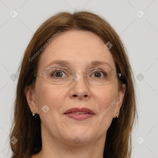 Joyful white adult female with medium  brown hair and grey eyes