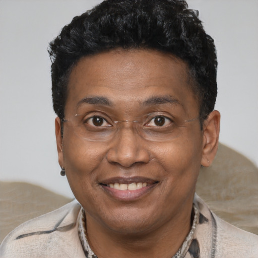 Joyful black adult male with short  black hair and brown eyes