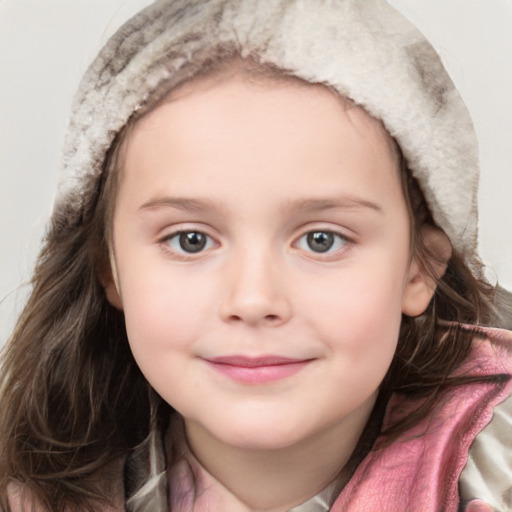 Joyful white child female with medium  brown hair and blue eyes