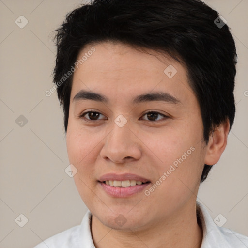 Joyful white young-adult male with short  black hair and brown eyes