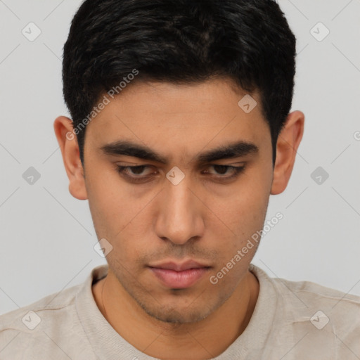 Neutral asian young-adult male with short  brown hair and brown eyes