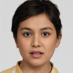 Neutral white young-adult female with short  brown hair and brown eyes