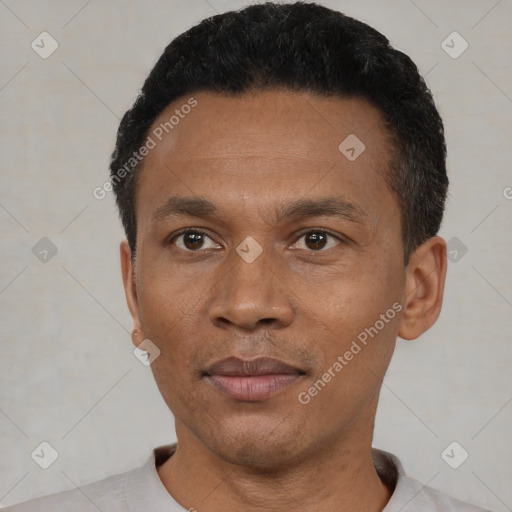 Neutral black adult male with short  black hair and brown eyes