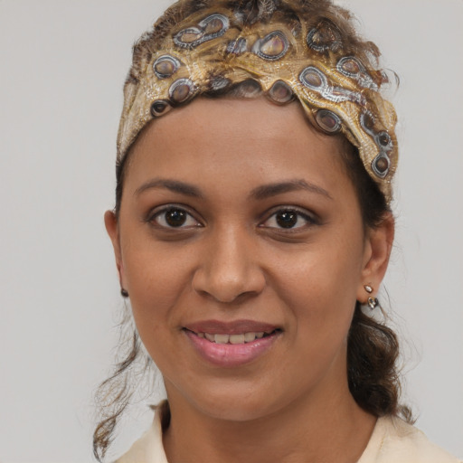 Joyful white young-adult female with medium  brown hair and brown eyes