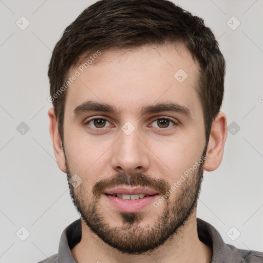 Neutral white young-adult male with short  brown hair and brown eyes